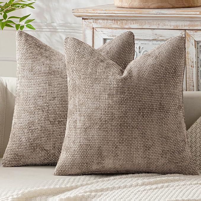 MIULEE Pack of 2 Couch Throw Pillow Covers 18x18 Inch Light Khaki Boho Accent Decorative Pillow Covers Soft Chenille Farmhouse Taupe Cushion Covers for Home Decor Bed Sofa Living Room