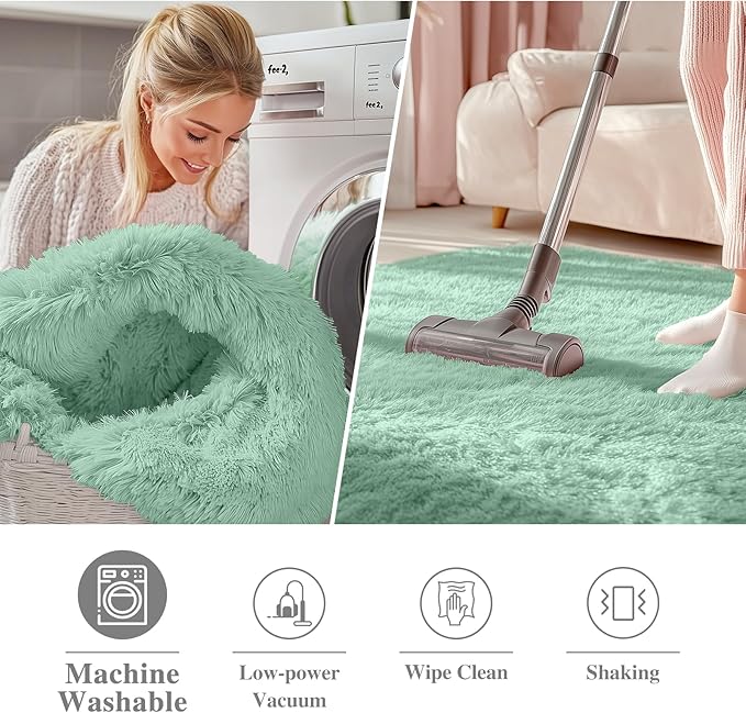 OLANLY Mint Green Round Rugs for Bedroom - Machine Washable, 5 ft Circle Area Rugs for Living Room, Soft and Fluffy Shaggy Carpet for Teen Girls and Boys, Nursery Rooms, Dorms, Home Decor Aesthetic