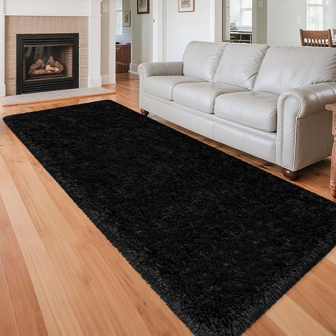 3x10 Bedside Area Rugs for Bedroom Soft Fluffy Shag Black Rug for Hallway Non-Slip Fuzzy Plush Living Room Rug Indoor Floor Carpet for Kids Rooms Dorm Nursery Modern Home Aesthetic Decor