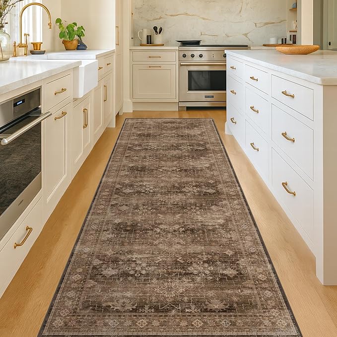 Hazo Haus Brown Earthy Boho Washable 3x10 Extra Long Hallway Runner Rug, Waterproof Large Kitchen Floor Rug Indoor, Non-Slip Stain & Fade Resistant, Vintage Dark Taupe Decor