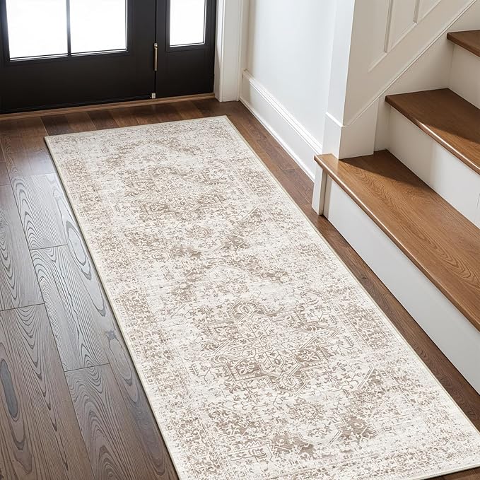 2x6 Washable Hallway Runner Rug - Non Slip Kitchen Runner Rugs with Rubber Backing Vintage Low-Pile Carpet Runners for Entryway Dining Room Laundry Room Home Decor (Cream/Camel)