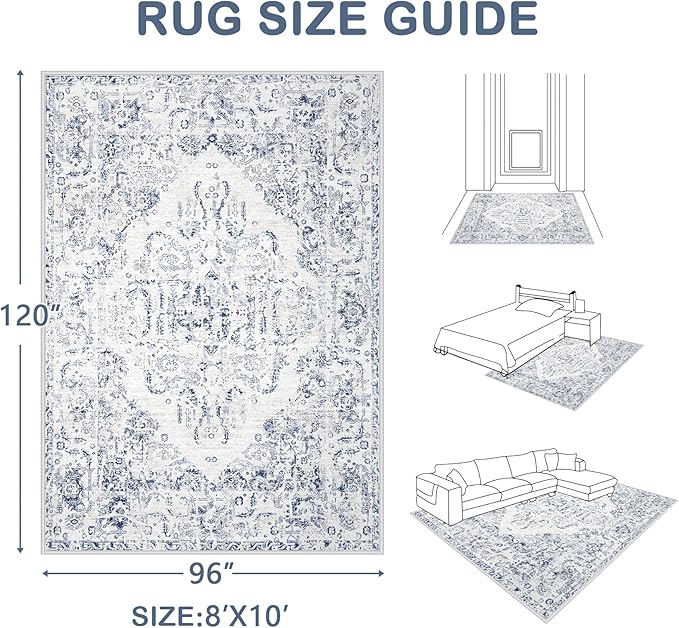 8x10 Area Rugs for Living Room: Washable Rug Vintage Large Rugs Soft Non Slip Low Pile Rug Floral Distressed Floor Carpet for Bedroom Kitchen Nursery Dining Room Home Office (Blue, 8'x10')