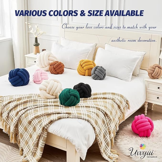 Uvvyui Knot Pillow Ball, Soft Home Decorative Pillows, Round Throw Pillow, Handmade Knotted Plush Pillow, Round Boucle Pillow Cushion (8.6 Inches Navy)