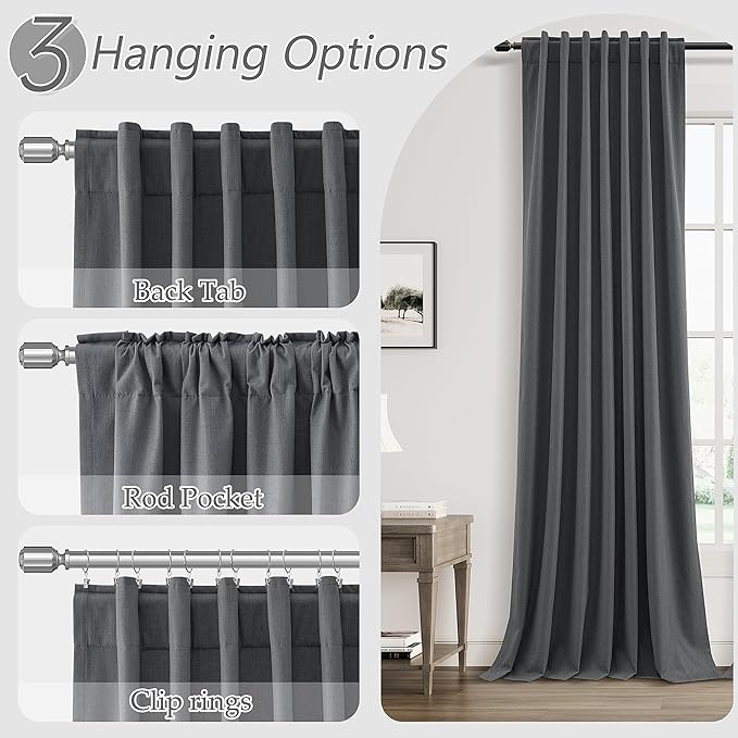 Guken 100% Blackout Curtains 102 Inch Length 2 Panels Set for Living Room Bedroom Back Tab Thermal Insulated Black Out Linen Drapes Room Darkening Blazer Grey,52x102