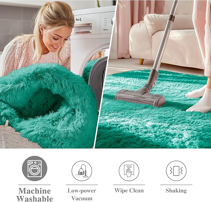 OLANLY Teal Green Round Rugs for Bedroom - Machine Washable, 5 ft Circle Area Rugs for Living Room, Soft and Fluffy Shaggy Carpet for Teen Girl and Boys, Nursery Rooms, Dorms, Home Decor Aesthetic