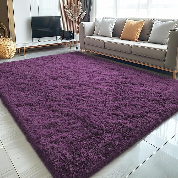 OLANLY 5x8 Machine Washable Large Area Rugs for Living Room, Bedroom, Soft Fluffy Shaggy Bedside Rug, Indoor Floor Carpet for Kids Girls and Boys, Dorms, Nursery, Home Decor Aesthetic, Dark Purple
