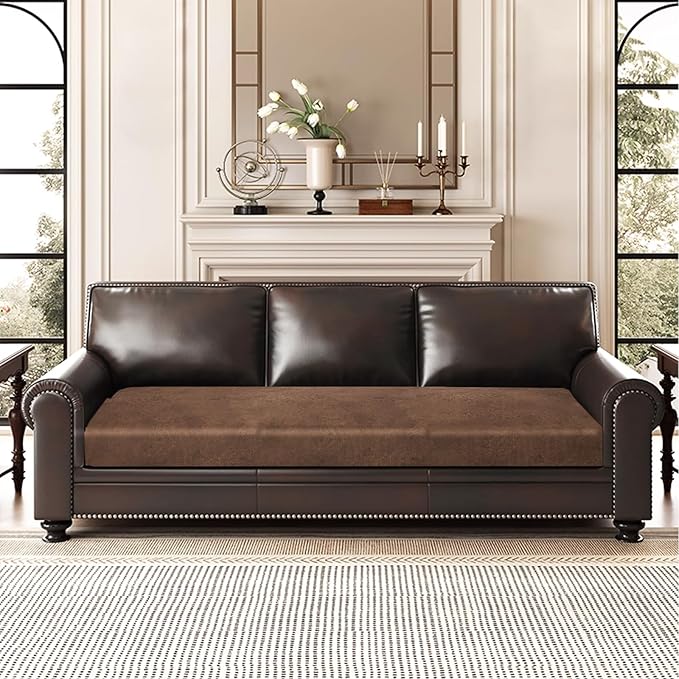Leather Look Couch Cushion Covers Sofa Seat Slipcovers Sets Couches Furniture Protector for Sectional Armchair Loveseat Pets Kids Stretch Spandex Fabric (1 Cushion Sofa, Brown)