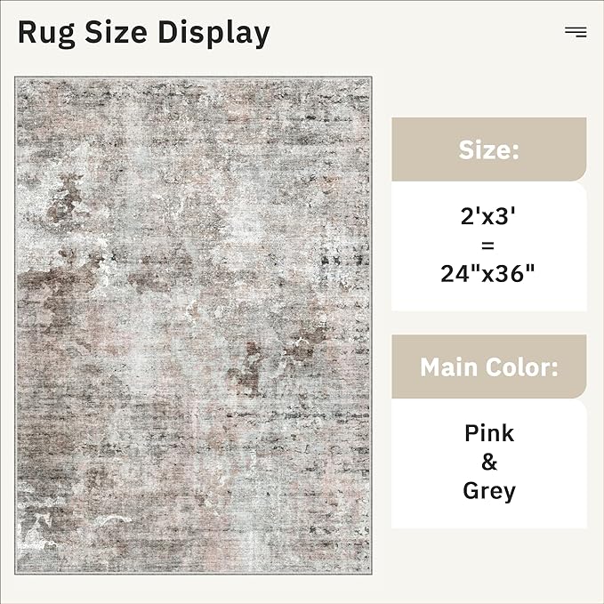Soalmost 2x3 Abstract Washable Rugs for Kitchen, Floor, Entryway, Powder Room Small Area Rug Non-Slip Vintage Low Pile Throw Door Mat Pink Grey