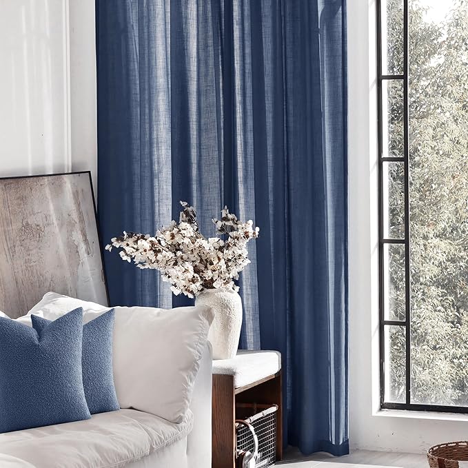 Navy Blue Curtains 84 inch Length for Bedroom Back Tab Light Filtering Semi Sheer Blue Living Room Curtains Linen Cotton Textured Indigo Blue Drapery Panel Modern Aesthetic Decor 60" Wx84 L