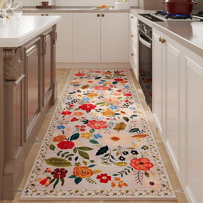 Rugcomf 2x5 Rug Runner - Floral Machine Washable Kitchen Rug, Non-Slip Low Pile Boho Carpet for Hallways, Laundry, Entryway, Bedroom, Bathroom - Beige