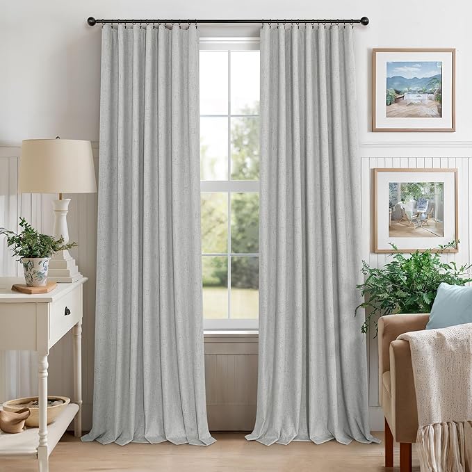 Gray Room Darkening Curtains 96 Inches Long for Living Room 2 Panels Faux Linen Back Tab Pleated Puddle Length Thermal Insulated Medium Gray Light Weight Blackout Curtains for Bedroom 8ft Light Grey