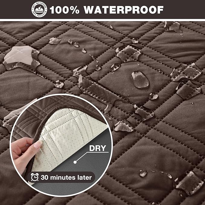 TAOCOCO 100% Waterproof Recliner Sofa Cover, Non Slip Split Couch Covers for Reclining Couches with Straps, Washable Reclining Sofa Cover Furniture Protector for Kids Pets(3 Seater, Dark Brown)