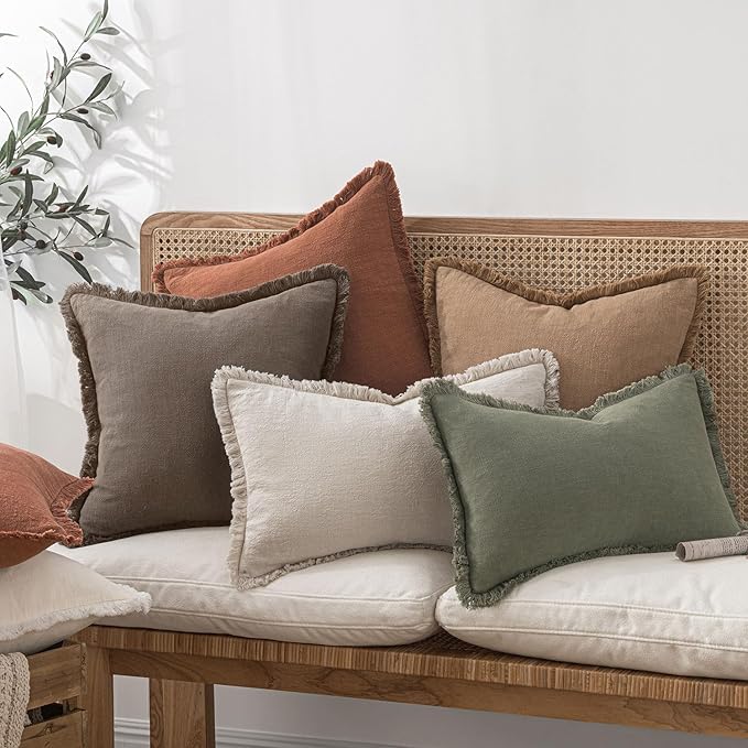 MIULEE Decorative Throw Pillow Covers Neutral Linen Fringe Throw Pillows Euro Shams Set of 2 Natural Coffee Boho Farmhouse Cushion Covers for Couch Sofa Bed Living Room Spring Home Decor 24x24 Inch