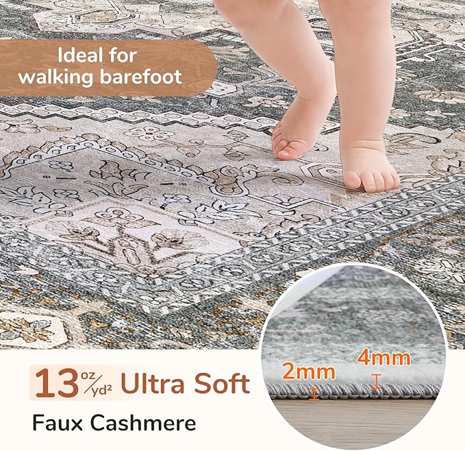 OPPODREAM Soft 6x9 Area Rugs, Washable Rug 6x9 with Non Slip Backing, Faux Cashmere Low-Pile 6 x 9 Carpet, Greenish Grey