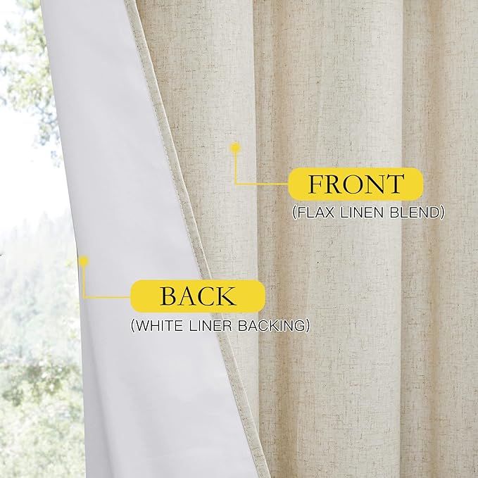 NICETOWN Natural Bedroom Full Blackout Linen Curtain Panels Set of 2, 62" by 72", Thick Insulated Classic Grommet Blackout Draperies with White Thermal Insulated Liner for Windows