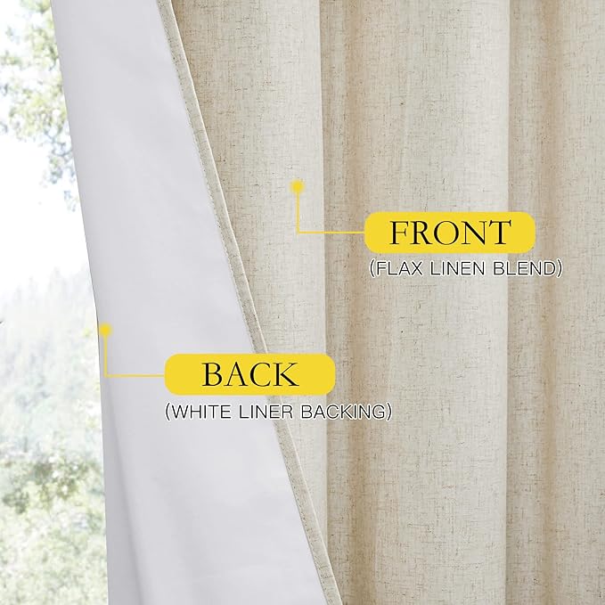 NICETOWN Natural Linen Complete Blackout Curtains 54 inches for Kids Room, 2 Panels, Thermal Insulated & Noise Reducing Window Draperies with White Liner, Noise Reducing Short Drapes