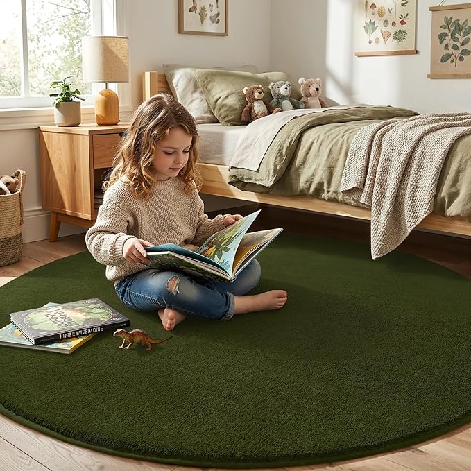 Amearea Olive Green Round Area Rugs 5ft Washable Circle Rugs for Bedroom Living Room, Fluffy Indoor Thickened Memory Foam Rug, Non Slip Minimalist Circular Carpet for Kids Boy Girl Dorm Nursery Room