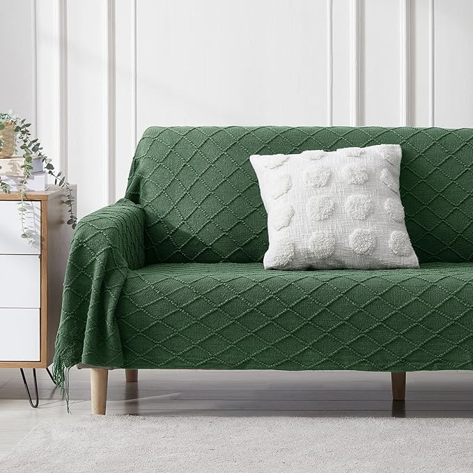 BOURINA Green Throw Blanket 50 x90 Inches Throw Textured Solid Soft Sofa Throw Bed Runner Couch Cover Knitted Decorative Blanket Bed Runner