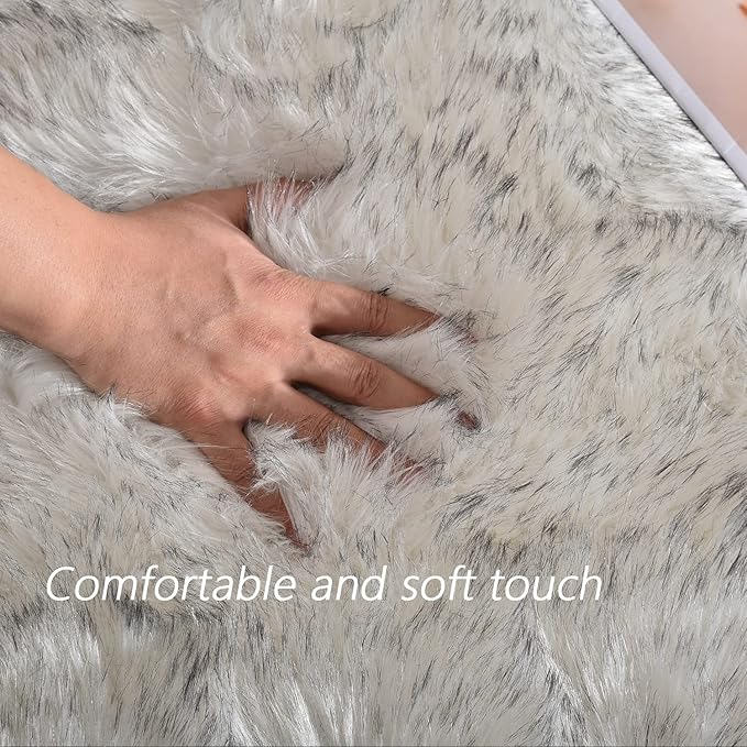 Latepis White with Grey Tips Round Rugs 5ft Washable Faux Sheepskin Fur Rug Fluffy Area Furry Rug for Living Room Bedroom Room Decor