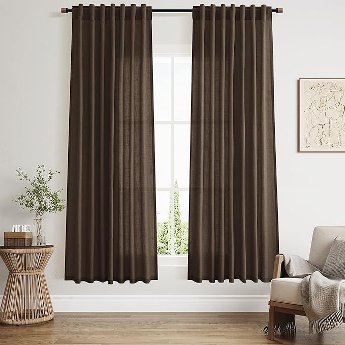 Chocolate Linen Curtains 72 Inch Long for Living Room Bedroom Lightweight Door Drapes 2 Panels Set, Semi Sheer Light Filtering Back Tab or Rod Pocket Curtain,52x72