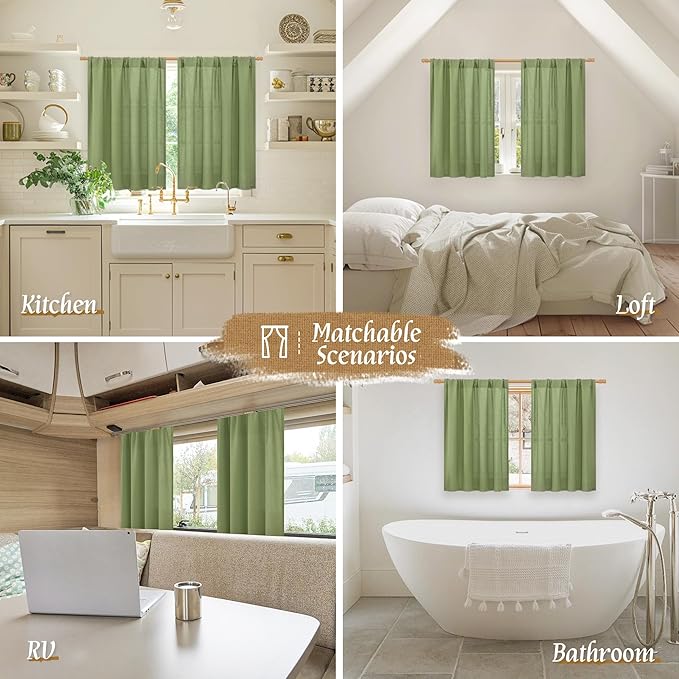 LAMIT 54 Inch Linen Curtains 2 Panels, Soft Faux Linen Light Filtering Panels Rod Pocket Farmhouse Privacy Drapes for Small Window/Loft Room, 42 x 54 Inch, Green
