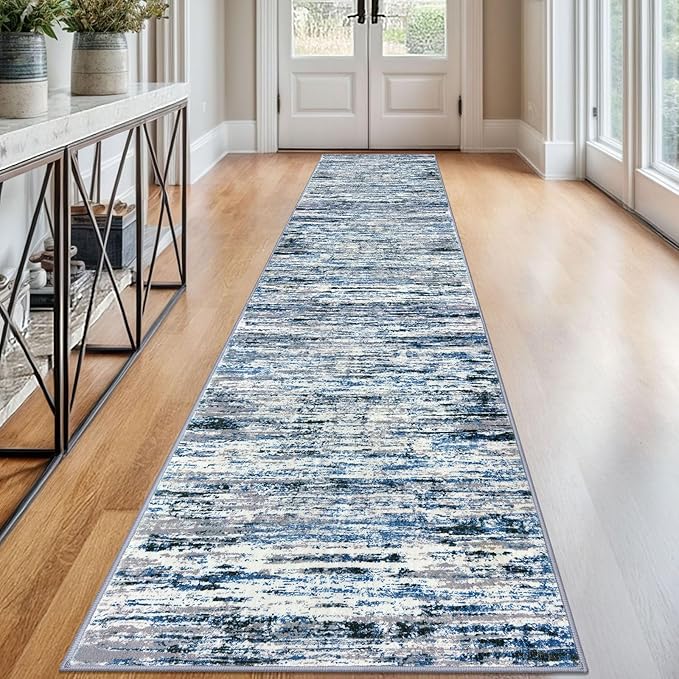 Lansny Modern Abstract Runner Rug 2.6x12, Grey Blue White Washable Long Kitchen Runner Non-Slip Soft Hallway Rug Runner Thin Print Faux Wool Carpet for Entryway Bedroom Laundry Room Indoor Home Decor