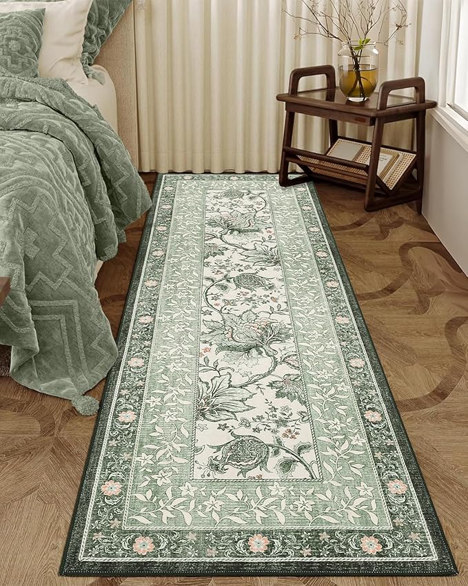 GarveeHome Sage Green 2x6 Washable Kitchen Runner Rugs Non Slip Provence Vintage Boho Cottage Long Rug for Hallways Bedroom Entryway Bathroom Mat with Rubber Back