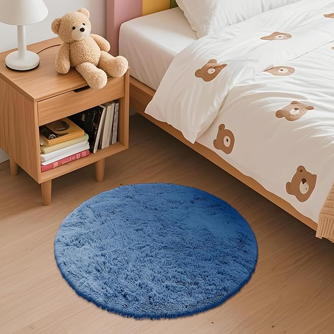 OLANLY Blue Round Rugs for Bedroom - Machine Washable, 2 ft Circle Area Rugs for Living Room, Soft and Fluffy Shaggy Carpet for Teen Girl and Boys, Nursery Rooms, Dorms, Home Decor Aesthetic