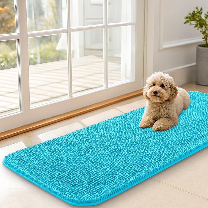 OLANLY Dog Door Mat for Muddy Paws 47x17, Absorbs Moisture and Dirt, Absorbent Non-Slip Washable Doormat, Quick Dry Chenille Mud Mat for Dogs, Entry Indoor Entryway Carpet for Inside Floor, Aqua Blue