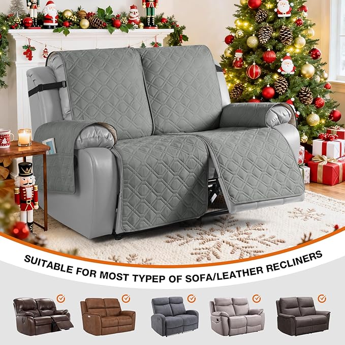 VANSOFY Waterproof Recliner Couch Covers, Sofa Covers 1-Piece Washable Reclining Sofa Cover Non-Slip Furniture Protector with Elastic Straps Pocket for Dogs, Pets(Gray,2 Seater)