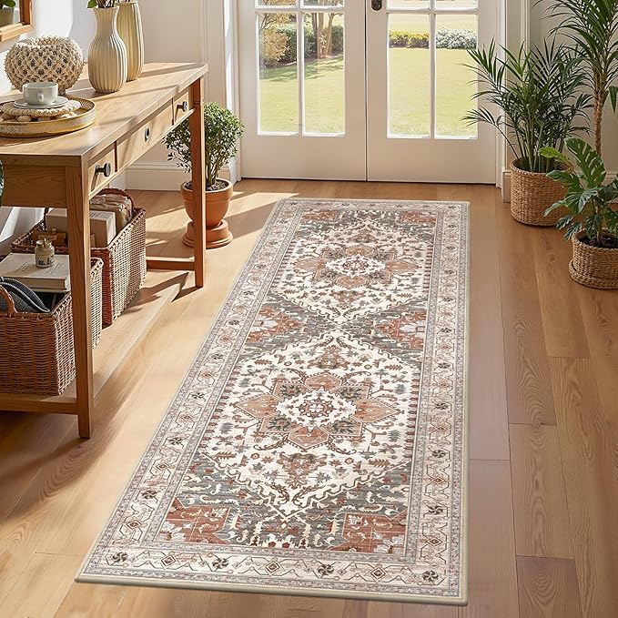 Yamaziot Washable Runner Rug, 2x6 Non-Slip Boho Vintage Hallway Rug Runner with Rubber Backing, Low Pile Faux Wool Distressed Carpet Runner for Bedroom, Kitchen, Laundry, Entrance, Ginger Grey