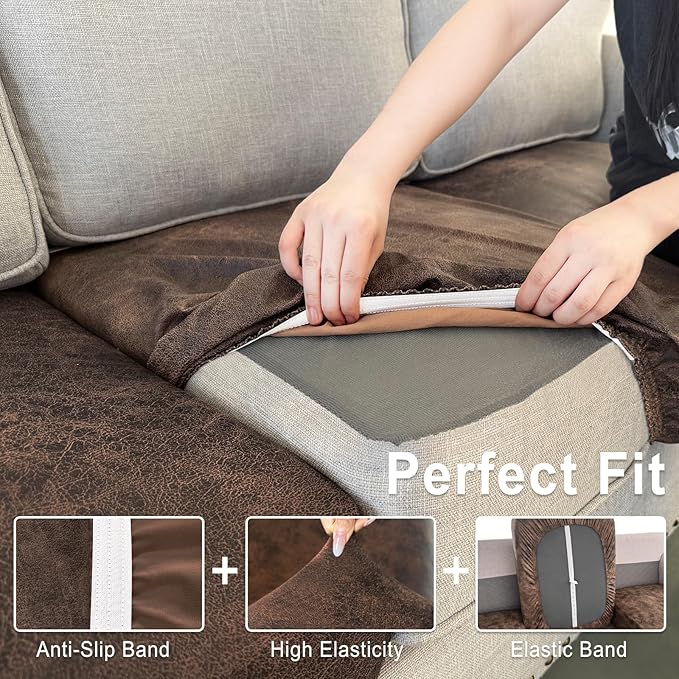 Leather Look Couch Cushion Covers Sofa Seat Slipcovers Sets Couches Furniture Protector for Sectional Armchair Loveseat Pets Kids Stretch Spandex Fabric (1 Cushion Armchair, Dark Brown)