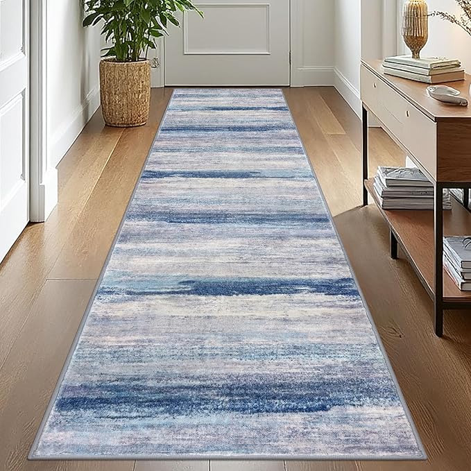 KOZYFLY Modern Abstract Washable Rug Runner 2.6x10 Hallway Rug Runner Non-Slip Soft Kitchen Runner Rugs, Blue/Grey/Beige Striped Carpet for Entryway Bathroom Laundry Room Foyer