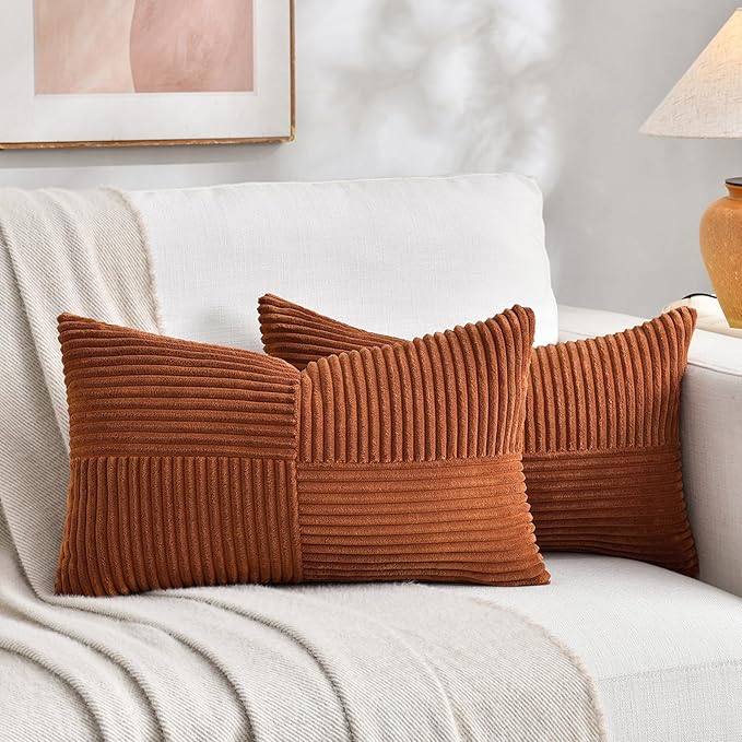 Fancy Homi 2 Packs Rust Lumbar Decorative Throw Pillow Covers 16x26 Inch for Living Room Couch Bed Sofa, Rustic Farmhouse Boho Home Decor, Soft Striped Corduroy Rectangle Accent Cushion Case 65x40 cm