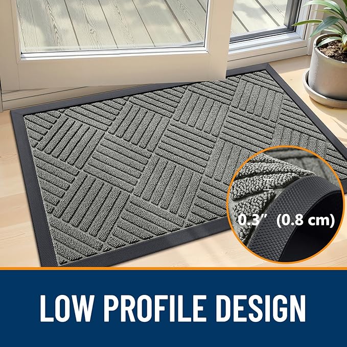 OLANLY Front Door Mat Outside Entrance 47x23, Absorbent, Heavy Duty Sturdy Natural Rubber Doormat Indoor Outdoor, Stain Fade Resistant, Non-Slip Low Profile Floor Mat for Entryway, Modern Gray Diamond