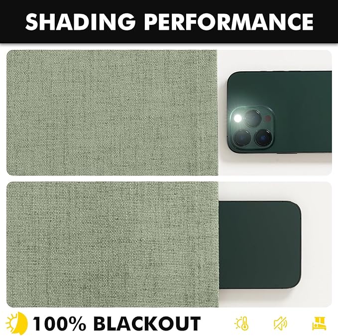 MIULEE 100% Blackout Linen Curtains for Bedroom, Sage Green Solid Luxury Decor Thermal Insulation Room Darkening Drapes for Living Room Nursery Back Tab Rod Pocket 42 x 90 Inches, 2 Panels