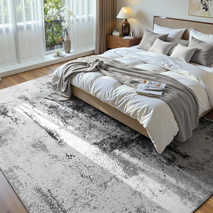 Living Room Rug 7x10 Ink Black Area Rugs Machine Washable Abstract Boho Large Rug Non-Slip Non-Shedding Faux Wool Indoor Vintage Carpet for Bedroom, Classroom, Dining Room, Kids Playroom