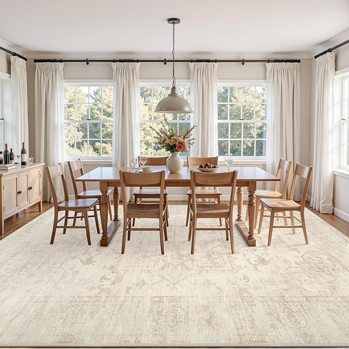 6x9 Area Rugs for Living Room: Vintage Boho Neutral Washable Rug Indoor Soft Large Area Rug Carpet for Bedroom Nursery Farmhouse Dining Room Office Floor Non-Slip Low Pile Under Table Rug Beige/Brown