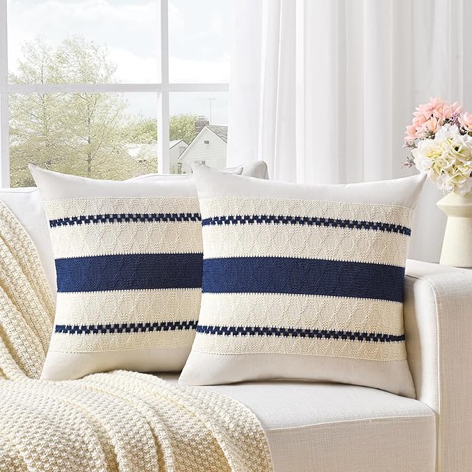 Fancy Homi Set of 1 Navy Blue Euro Decorative Throw Pillow Covers 26x26 Inch for Couch Bed Sofa Living Room, Aesthetic Modern Organic Farmhouse Home Decor, Soft Cotton Woven Textured Cushion Case