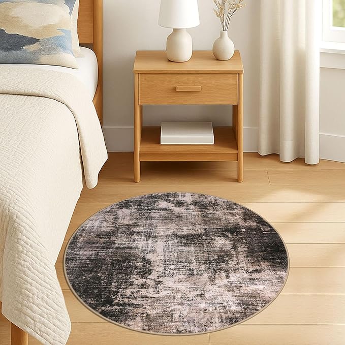 IOHOUZE Round Area Rug 3 Ft Circle Entryway Rugs Round Washable Door Mat Indoor Entrance, Non Slip Circle Front Door Rug, Printed Abstract Faux Wool Floor Carpet for Foyer Porch Sink, Brown/Rust
