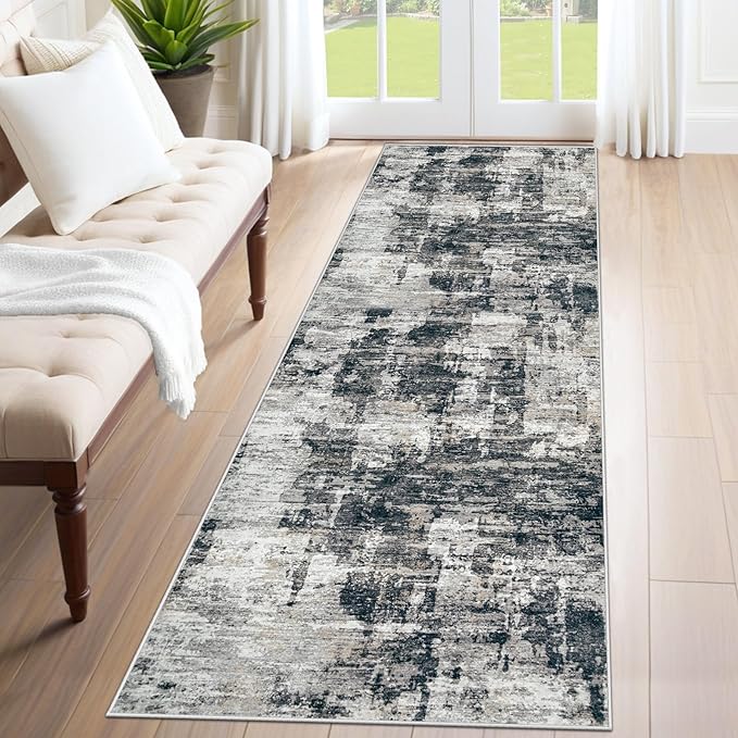 XLUEZ 2x8 Runner Rug for Hallway, Washable Modern Abstract Runner Rugs Neutral Soft Non Slip Kids Rug Stain Resistant Indoor Runners for Entryway Bedroom Kitchen Laundry Room(BlackGrey, 2'x8')