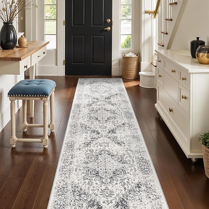 3x12 Washable Hallway Runner Rug - Non Slip Kitchen Runner Rugs with Rubber Backing Vintage Low-Pile Carpet Runners for Entryway Dining Room Laundry Room Home Decor (Distessed Grey)