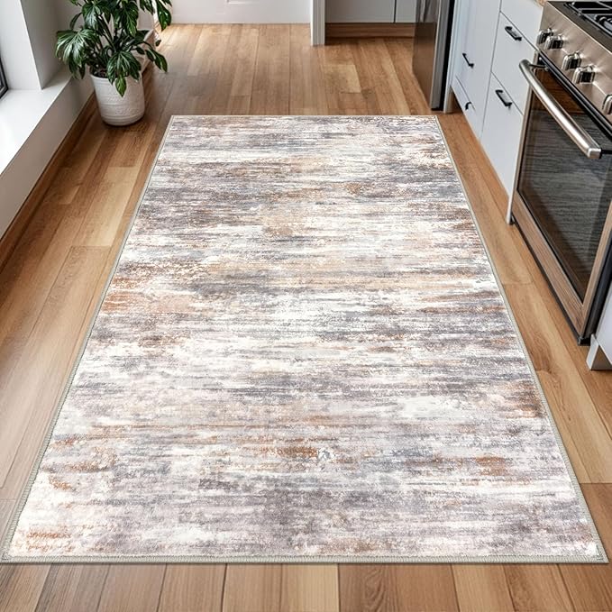 KOZYFLY Modern Abstract 4x6 Rug Washable Large Rugs for Entryway Non-Slip Soft Living Room Rug, Print Multi Grey/Orange Throw Rugs Indoor Mat for High-Traffic Door Entrance