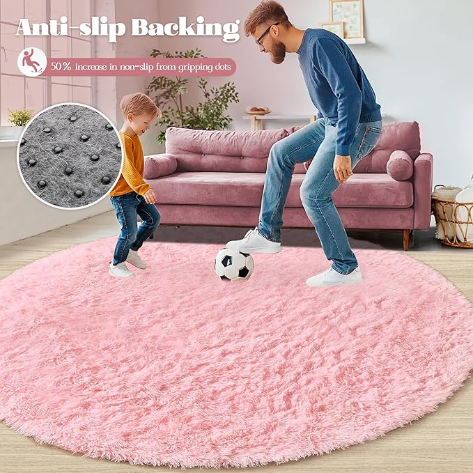 Pink Round Rugs for Bedroom: 4ft Circle Fluffy Shag Soft Washable Rug Small Fuzzy Plush Indoor Carpet for Kids Girls Boys Nursery Dorm Classroom (Pink, 4'x4')