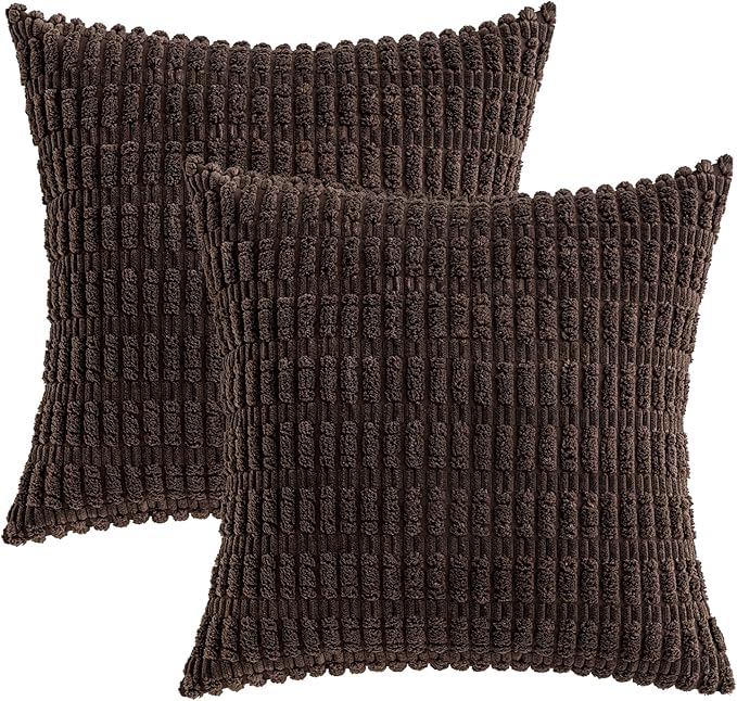 MIULEE Pack of 2 Corduroy Decorative Euro Sham Throw Pillow Covers 24x24 Inch Soft Boho Striped Pillow Covers Modern Farmhouse Home Decor for Sofa Living Room Couch Bed Dark Brown