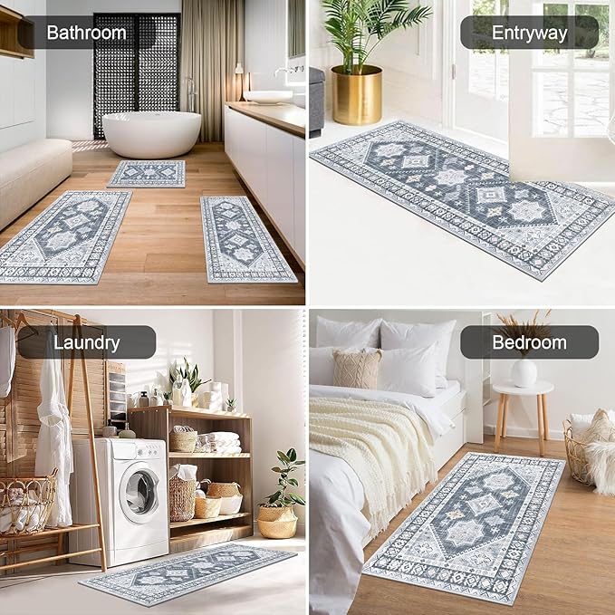 HEBE Boho Kitchen Rug Sets 3 Piece with Runner Non Slip Kitchen Rugs and Mats Washable Kitchen Mats for Floor Thick Kitchen Floor Mat Carpet Runner Rugs for Hallway Laundry Holiday Decor