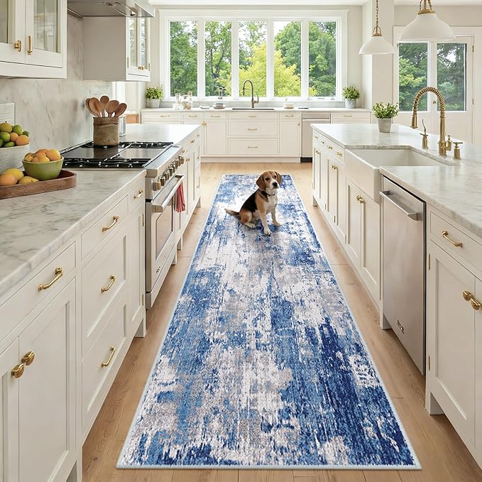 Washable Area Rugs 2'6''x10 Non-Slip Modern Abstract Soft for Living Room Entryway Bedroom Nursery, Print Pattern, Blue Grey Navy Gray