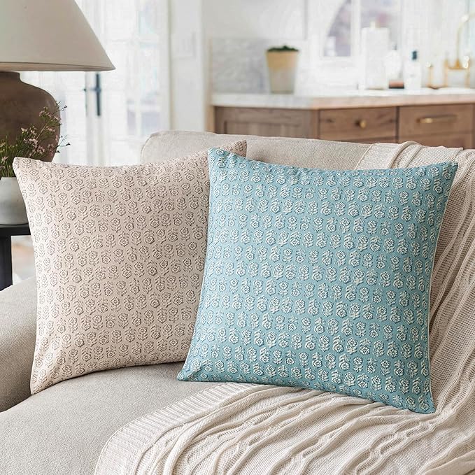 Foindtower Set of 2 Decorative Vintage Floral Print Throw Pillow Covers Neutral Accent Farmhouse Cushion Covers Boho Home Decor for Sofa Couch Chair Bedroom Living Room Outdoor,22×22 Inch,Sky Blue