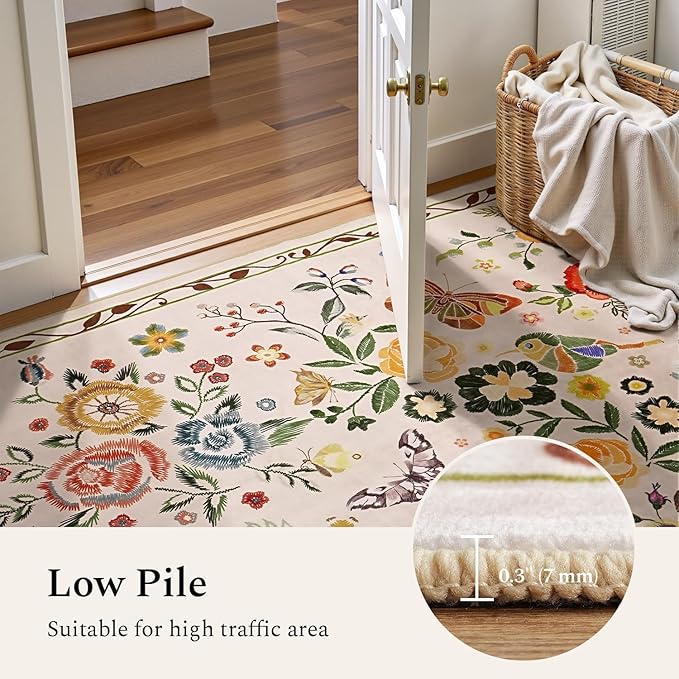 Rugflix 2x6 Runner Rug for Hallway, Washable Kitchen Runner Non Slip, Soft Low Pile Entryway Carpet, Vintage Floral Stain Resistant Long Laundry Room Rugs for Bedroom, Stairs, Beige