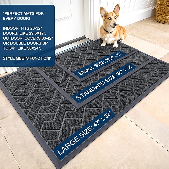 OLANLY Front Door Mat Indoor Outdoor Entrance, Waterproof All-Season, All-Weather Doormat, Sturdy Natural Rubber, Low Profile, Easy Clean Patio Porch Entryway Mat, Herringbone Brick (Grey, 47x17)